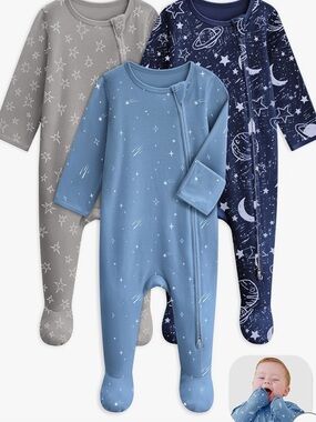 Unnivoll Set of 3 100% cotton Zippered sleepers Navy Grey 6-9 months